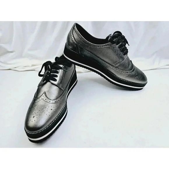 Zara Women's Size 40 (US 9.5-10) Charcoal Gray Wingtip Playform Lace Up Shoes - Picture 5 of 14